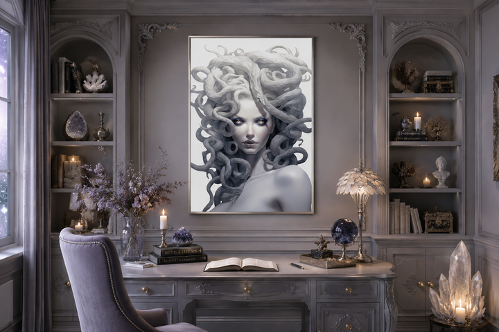 White Medusa Greek Gorgon framed canvas wall art in a monochromatic palette above a desk.