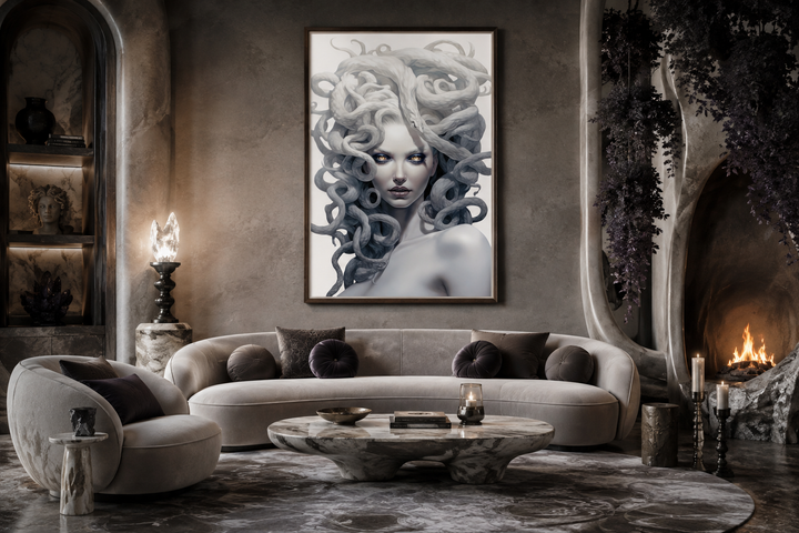 White Medusa Greek Gorgon framed canvas wall art hanging in a modern, moody living room.
