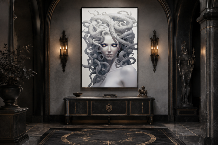 White Medusa Greek Gorgon framed canvas wall art in a dark, classical interior setting.