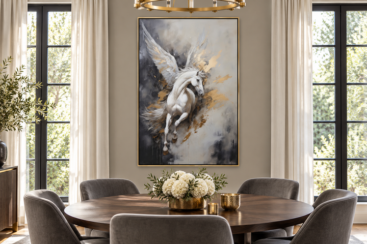 Black, white, and gold Pegasus framed canvas wall art hanging in a modern dining room.