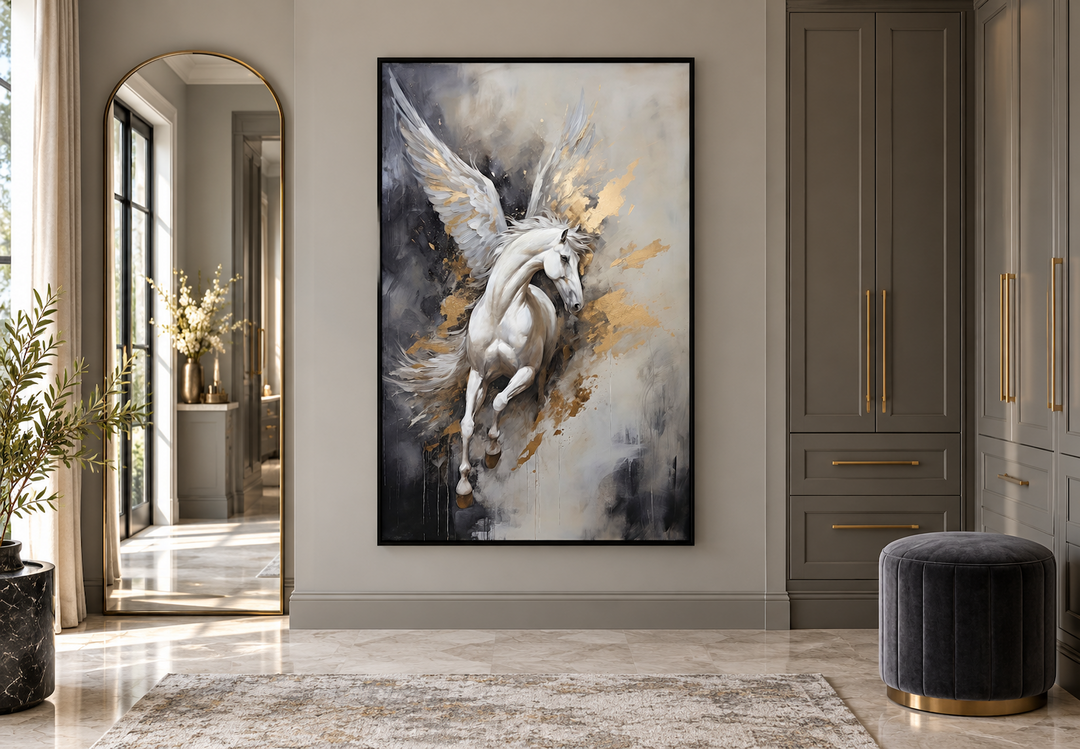 Black, white, and gold Pegasus framed canvas wall art in a modern dressing room setting.