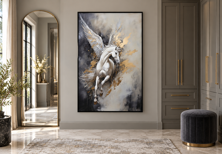 Black, white, and gold Pegasus framed canvas wall art in a modern dressing room setting.