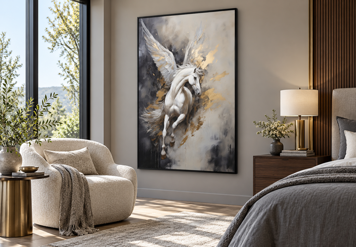 Black, white, and gold framed canvas wall art of a Pegasus in a modern bedroom setting.