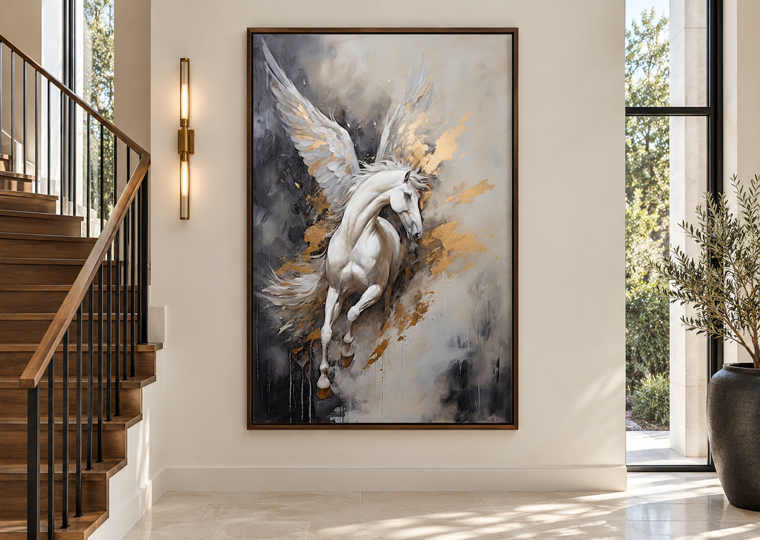 Black, white, and gold framed canvas wall art of a Pegasus in a modern hallway with a staircase.