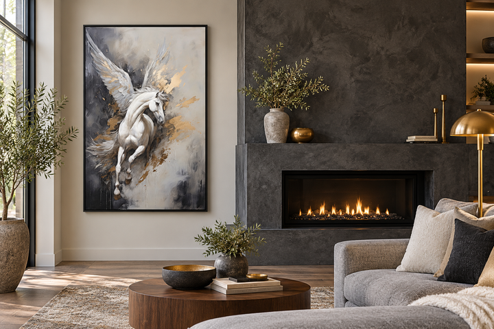 Black, white, and gold Pegasus framed canvas wall art hanging in a modern living room.