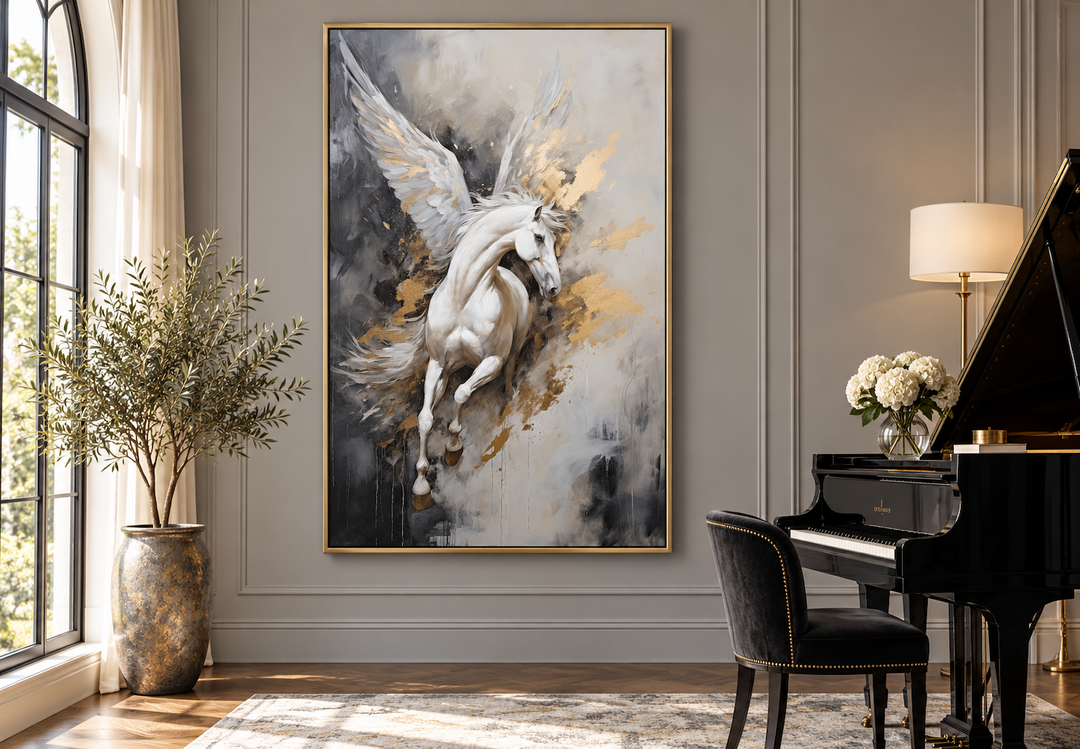 Black, white, and gold Pegasus framed canvas wall art in a modern living room with a piano.