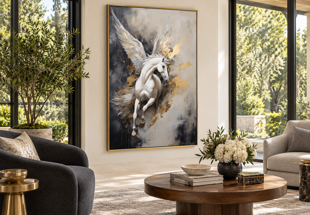 Black, white, and gold Pegasus framed canvas wall art in a modern living room setting.
