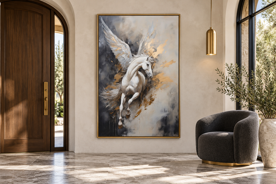 Black, white, and gold Pegasus framed canvas wall art in a modern foyer setting.