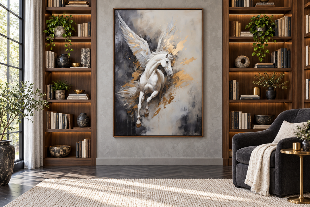 Black, white, and gold Pegasus framed canvas wall art in a modern library setting.