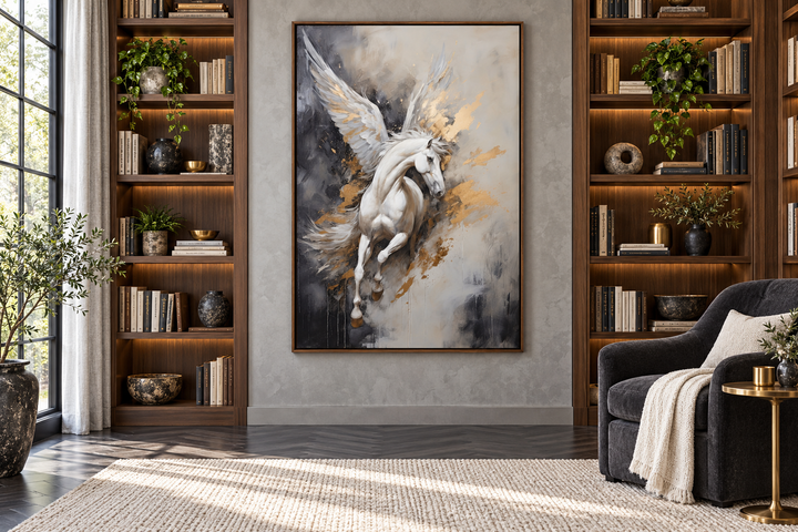 Black, white, and gold Pegasus framed canvas wall art in a modern library setting.