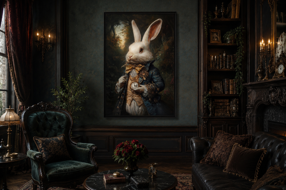 White Rabbit Victorian Portrait Framed Canvas Wall Art in a dark academia living room setting.