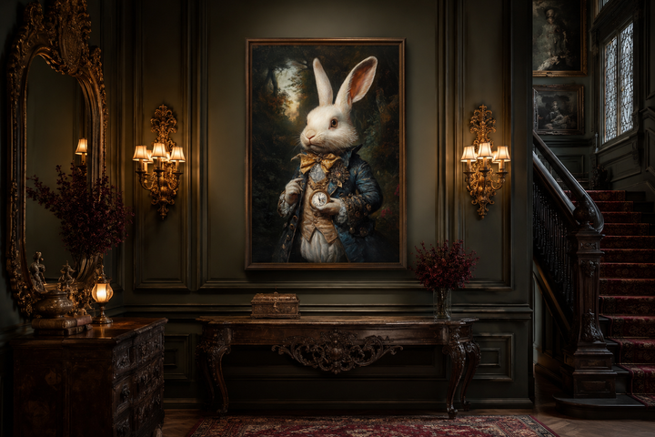 Framed canvas wall art of a white rabbit in Victorian attire holding a pocket watch in a dark room.