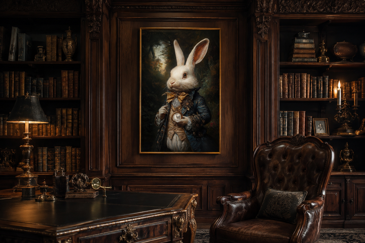 Framed canvas wall art of a white rabbit in Victorian attire holding a pocket watch in a library.