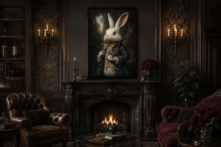 Framed canvas wall art of a white rabbit in Victorian attire holding a pocket watch over a fireplace.