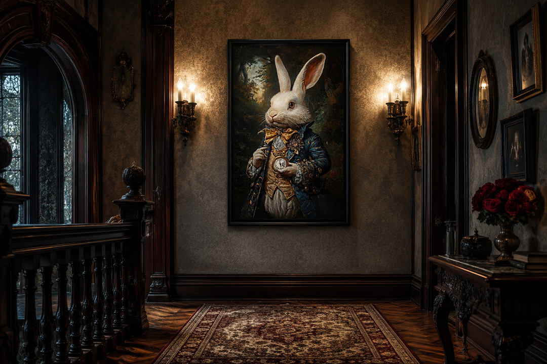 White Rabbit Victorian portrait framed canvas wall art in a dark academia hallway setting.
