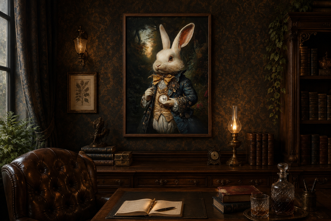 Framed canvas wall art of a white rabbit in Victorian attire holding a pocket watch in a dark study.