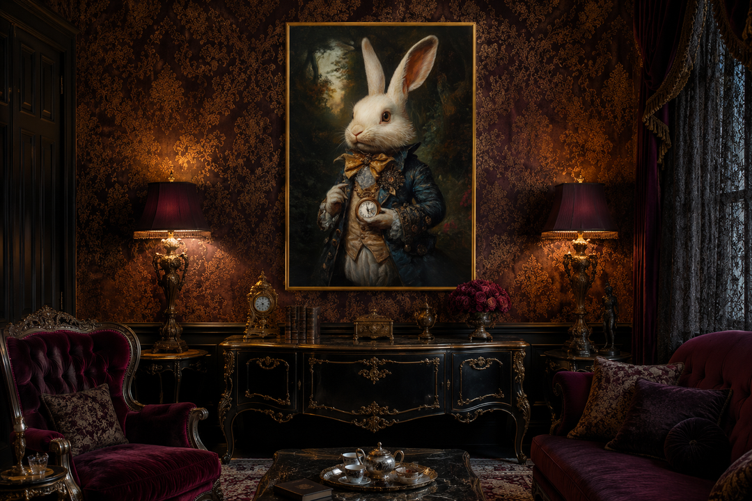 Framed canvas wall art of a white rabbit in Victorian attire holding a pocket watch.