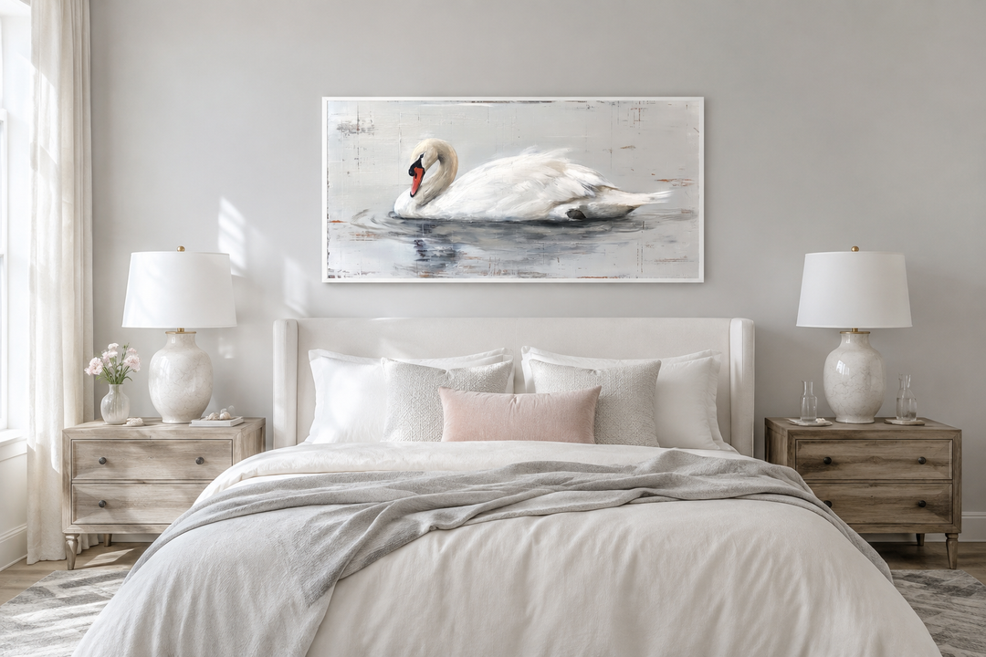 Framed white swan painting on rustic canvas hanging above a bed in a farmhouse-style bedroom.