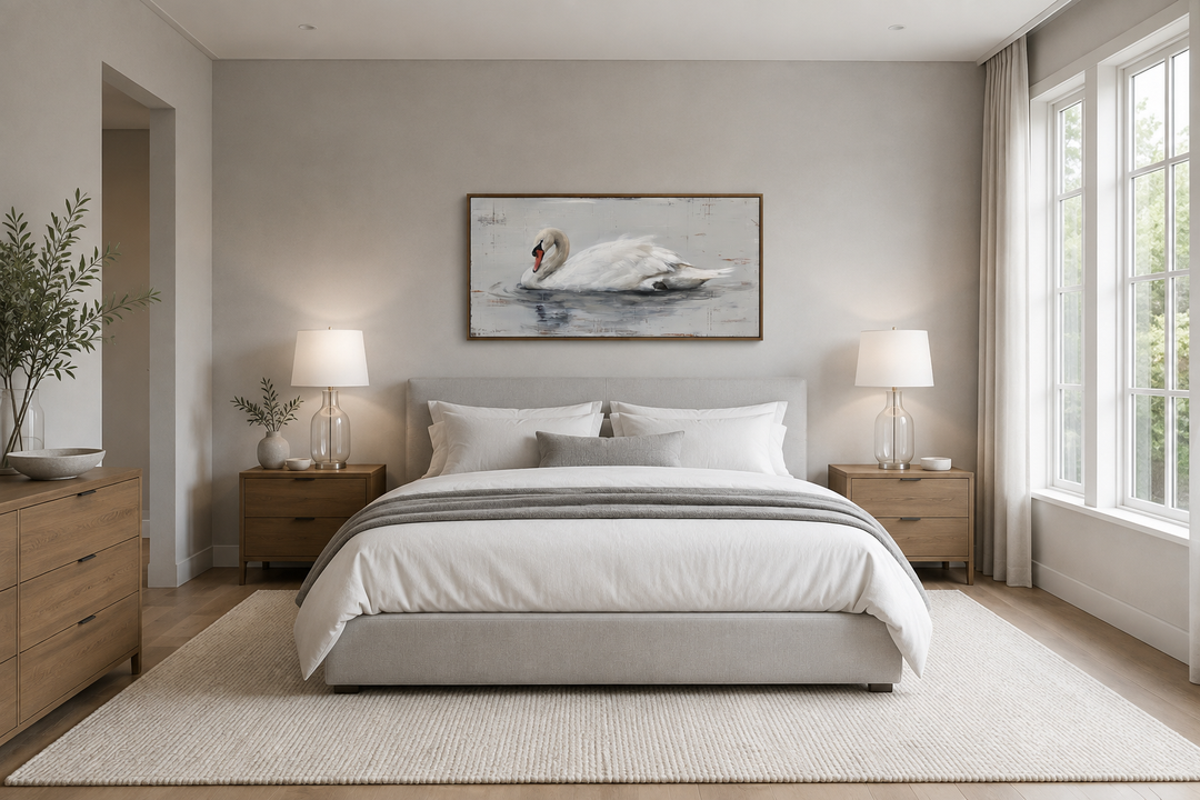 White swan rustic canvas painting in a brown frame hanging above a bed in a farmhouse bedroom.