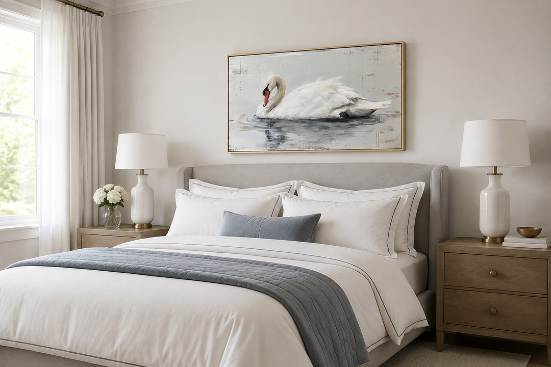 White swan rustic canvas painting in a gold frame hanging above a bed in a farmhouse bedroom.