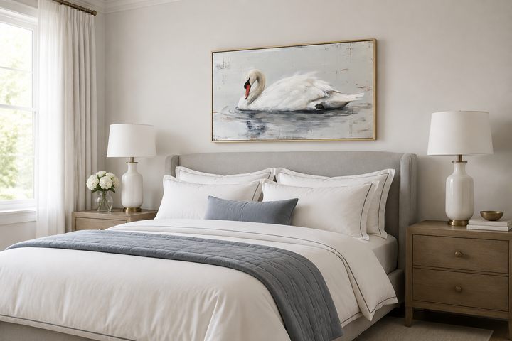 White swan rustic canvas painting in a gold frame hanging above a bed in a farmhouse bedroom.