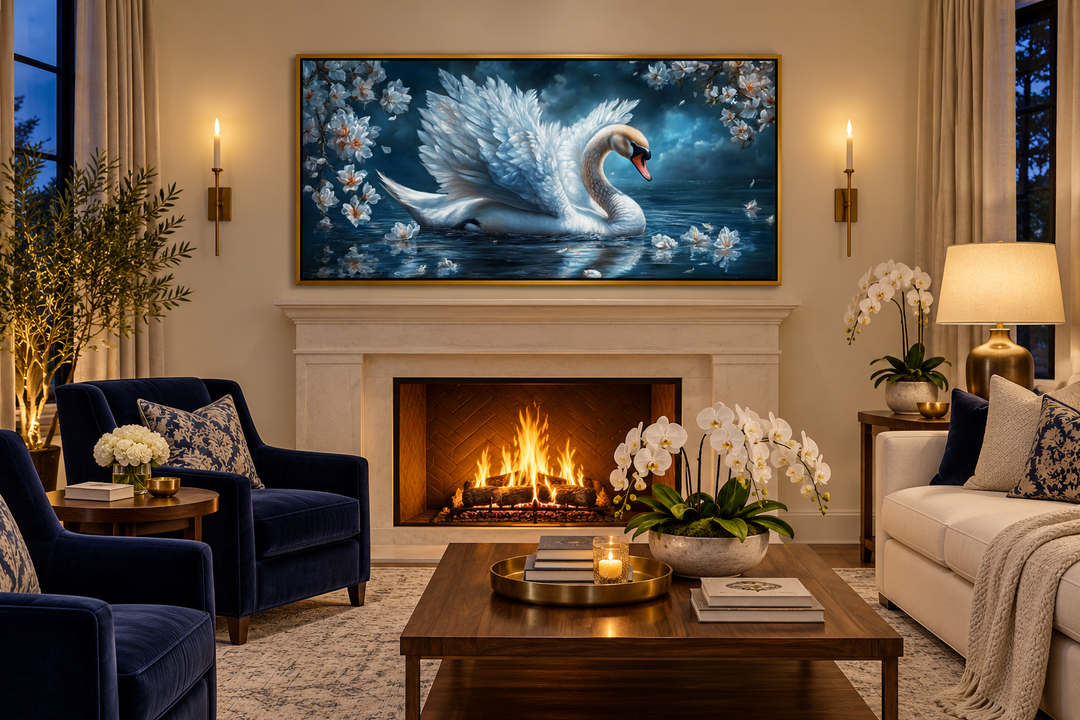 White Swan Wall Art canvas print above a fireplace in a cozy living room with blue velvet chairs.