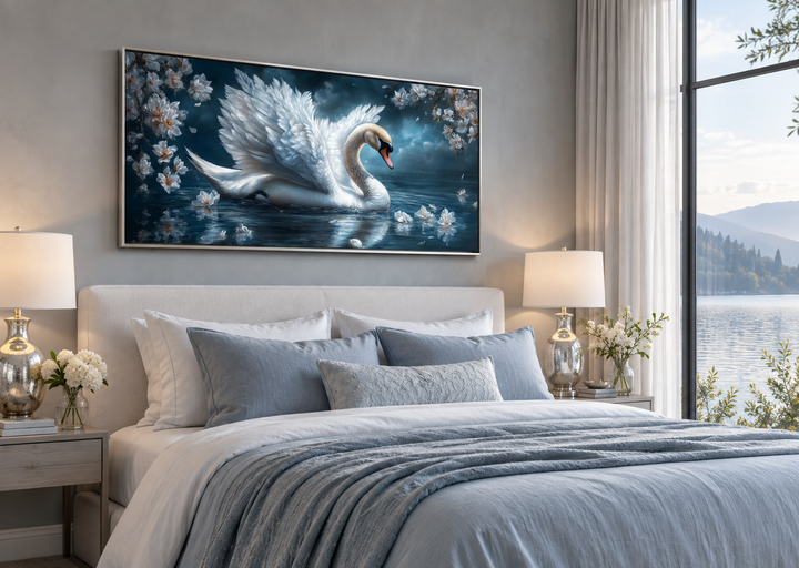 White swan wall art canvas print above a bed in a serene, modern bedroom with lake views.