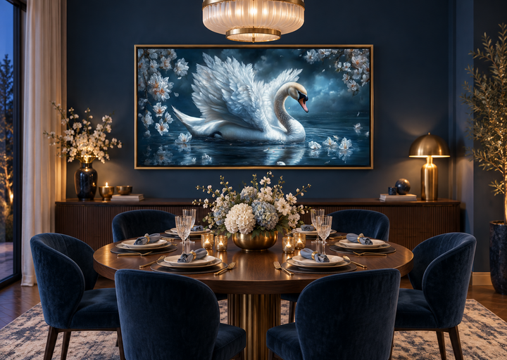White swan canvas print on a dark blue wall above a dining table with blue velvet chairs.