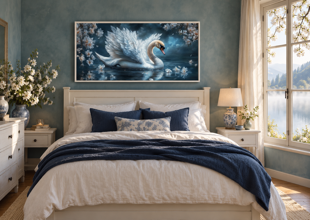 White swan canvas wall art above a bed in a blue bedroom with white linens and floral accents.