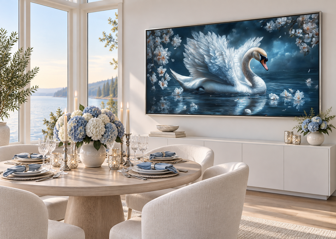 White swan wall art on a moonlit lake canvas print displayed in a bright, elegant dining room.