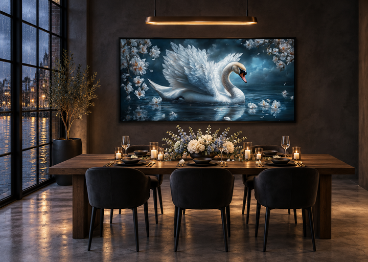 White swan canvas print featuring a moonlit lake scene hanging above a dining room table.