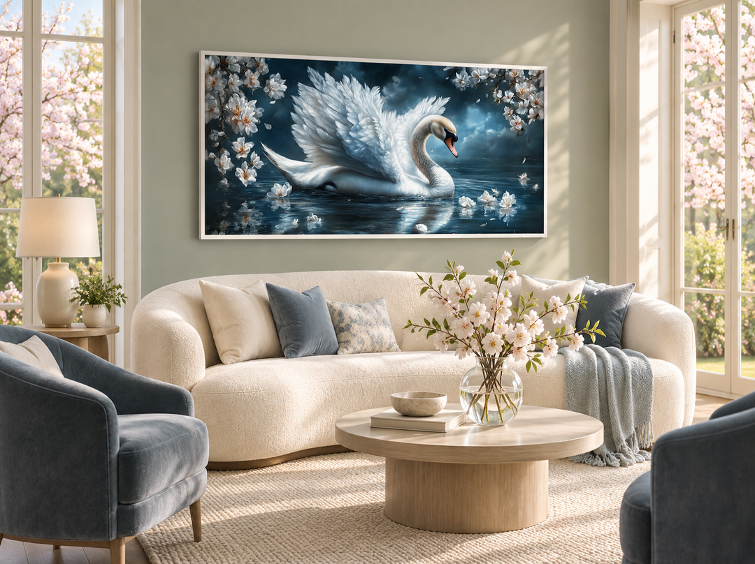 White swan wall art canvas print on a moonlit lake, displayed above a modern cream sofa.