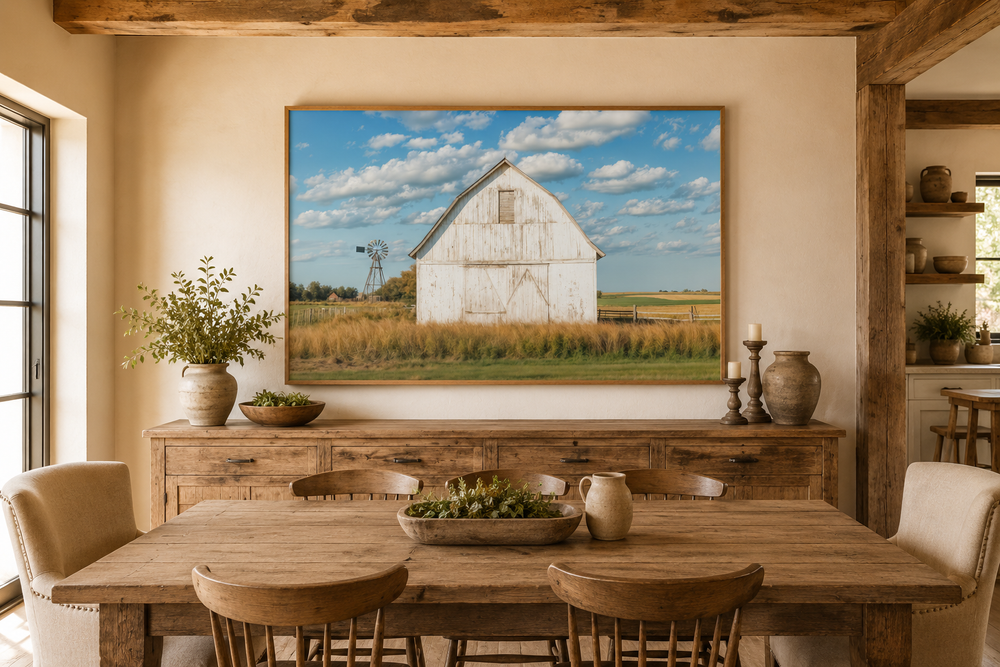Old weathered white barn with windmill framed canvas wall art in a rustic farmhouse dining room.