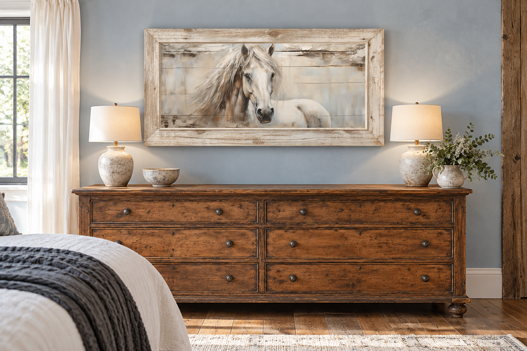 Rustic white horse painting on distressed wood framed canvas above a dark wood dresser.