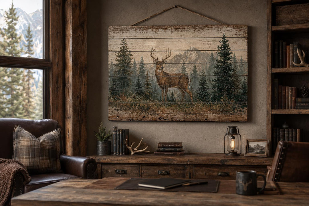 Whitetail deer buck in a pine forest on distressed wood wall art in a rustic cabin setting.