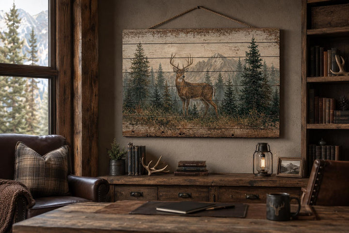 Whitetail deer buck in a pine forest on distressed wood wall art in a rustic cabin setting.