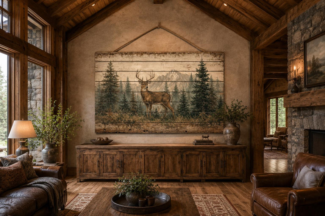 Whitetail deer buck in a pine forest on a large distressed wood panel hanging in a rustic cabin.