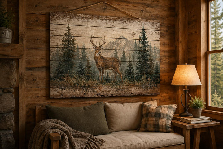 Whitetail deer buck in a pine forest on distressed wood wall art above a sofa in a rustic cabin.