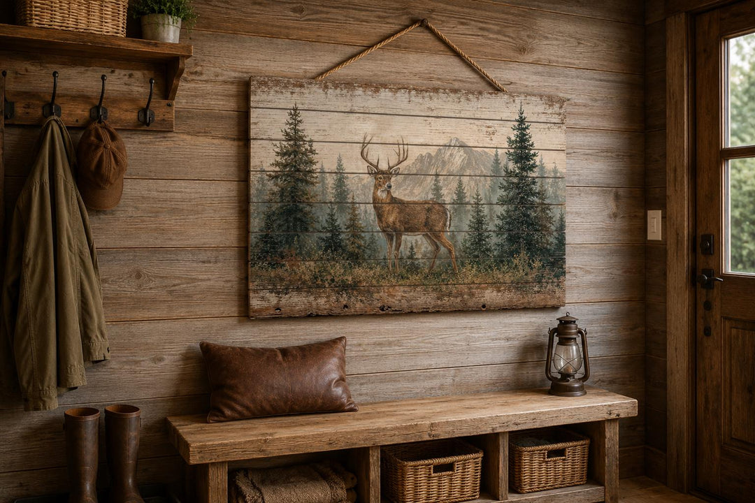 Whitetail deer buck in a pine forest printed on a distressed wood panel in a rustic cabin setting.