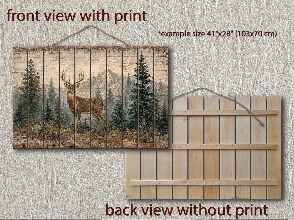 Front and back view of a rustic wood panel wall art featuring a whitetail deer in a pine forest.