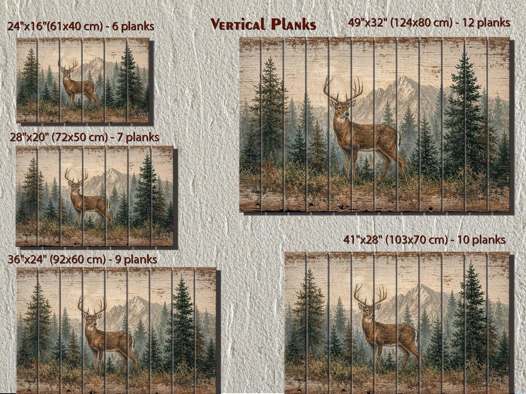 Whitetail deer buck wood wall art in five sizes from 24x16 to 49x32 inches with vertical planks.