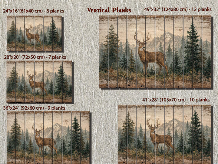 Whitetail deer buck wood wall art in five sizes from 24x16 to 49x32 inches with vertical planks.