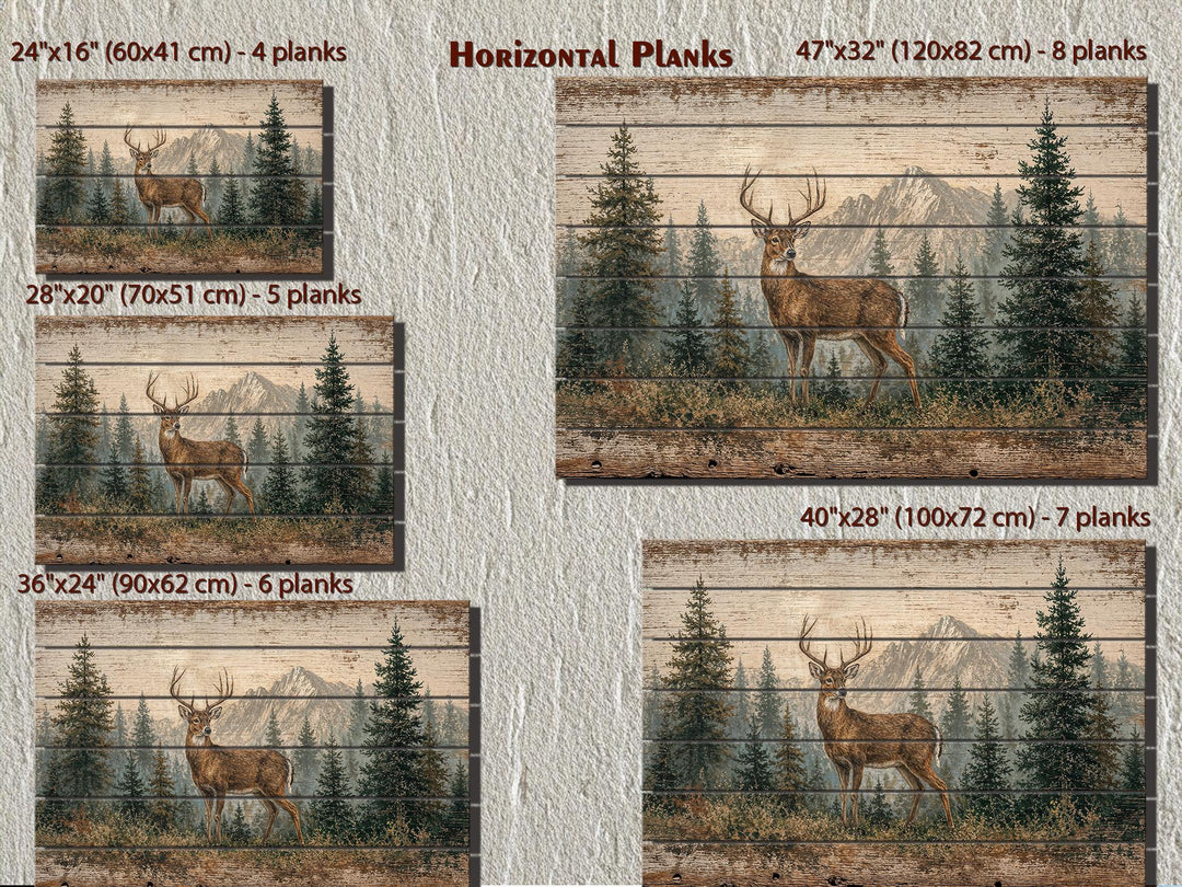 Five size options for whitetail deer buck horizontal plank wood wall art with dimensions in inches.
