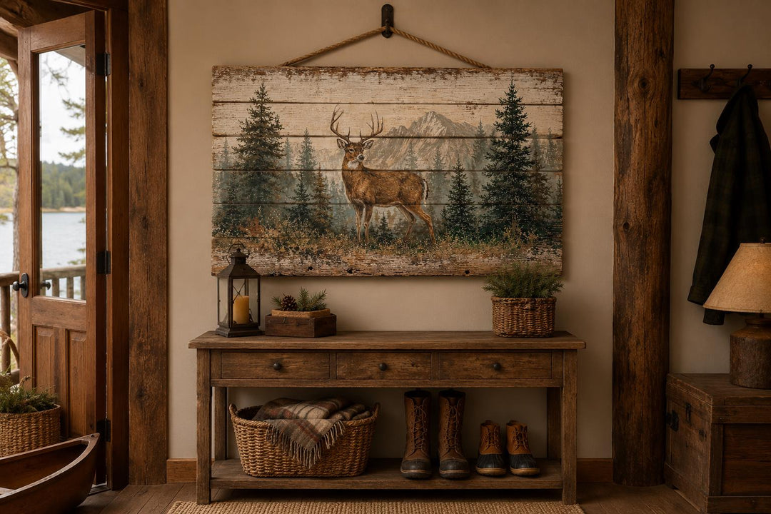 Whitetail deer buck in a pine forest on a distressed wood panel wall art in a rustic cabin setting.