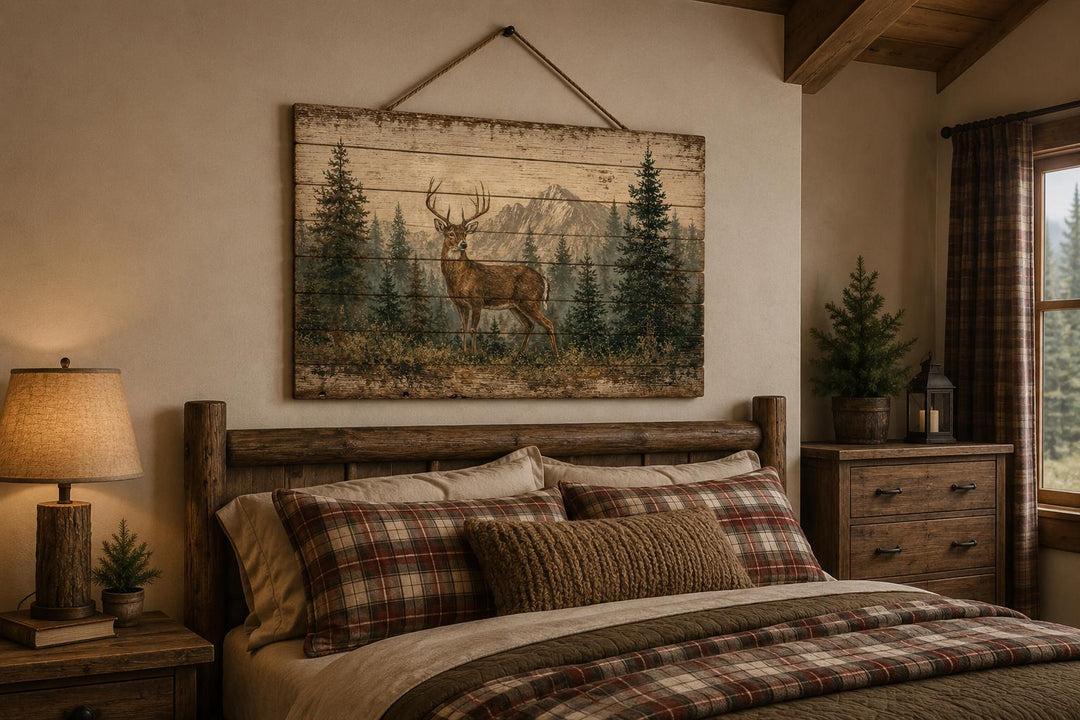 Whitetail deer buck in a pine forest on distressed wood wall art hanging above a rustic log bed.