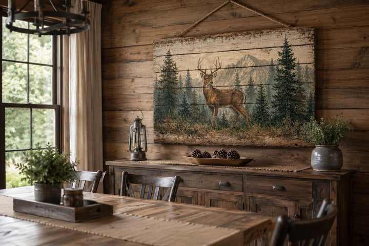 Whitetail deer buck in a pine forest on distressed wood wall art in a rustic cabin dining room.