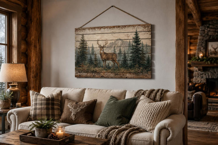 Whitetail deer buck in a pine forest on distressed wood wall art above a sofa in a rustic cabin.