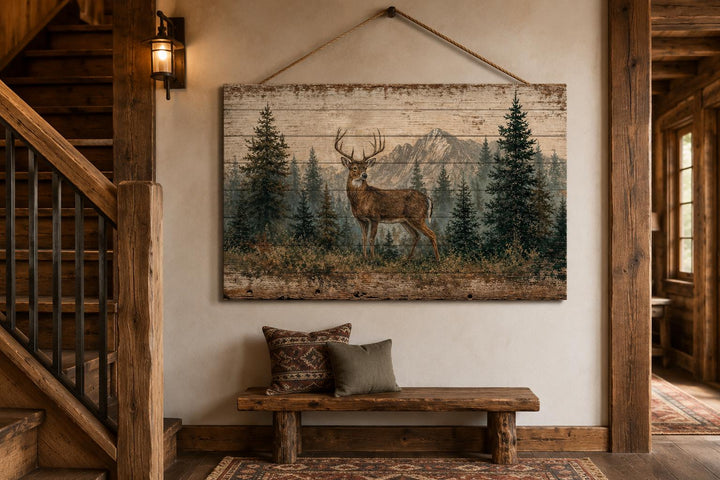 Whitetail deer buck in a pine forest on distressed wood wall art in a rustic cabin entryway.