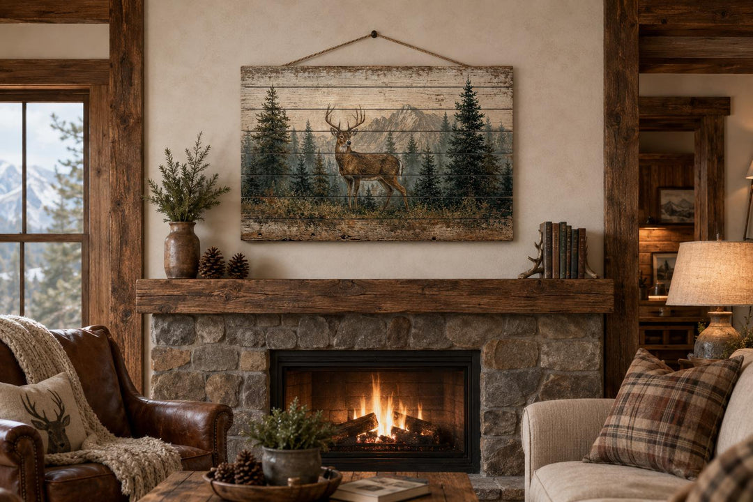 Whitetail deer buck in a pine forest on distressed wood wall art above a rustic stone fireplace.
