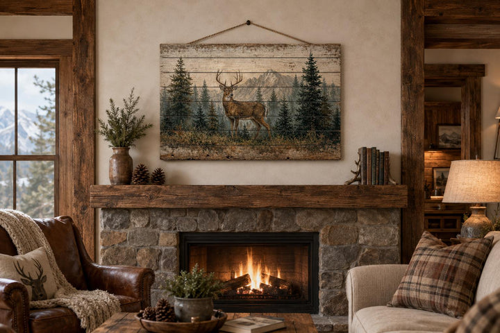 Whitetail deer buck in a pine forest on distressed wood wall art above a rustic stone fireplace.